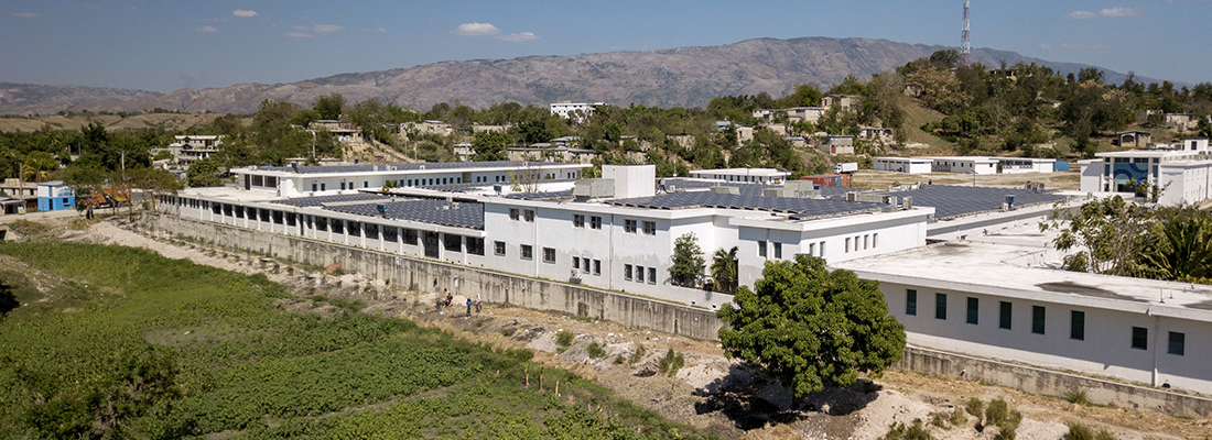Aerial view of Hôpital Universitaire de Mirebalais, also connected with Zanmi Lasante